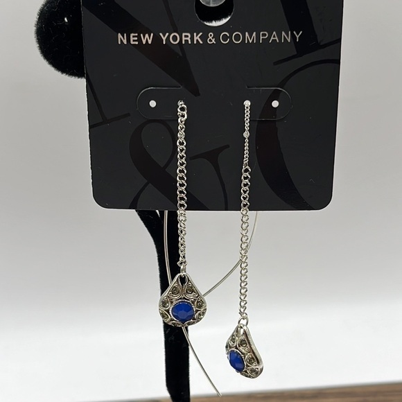 Tread earrings Silver Tone with Rhinestones and Blue Center Long Adjustable - Picture 2 of 8